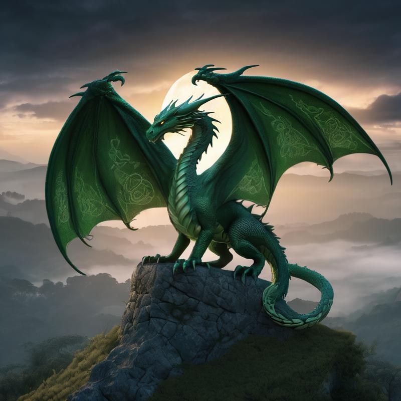 23091-2951297138-professional 3d model a green dragon with celtic knot patterns_1.4 on her wings on a misty hillside at night crescent moon.png